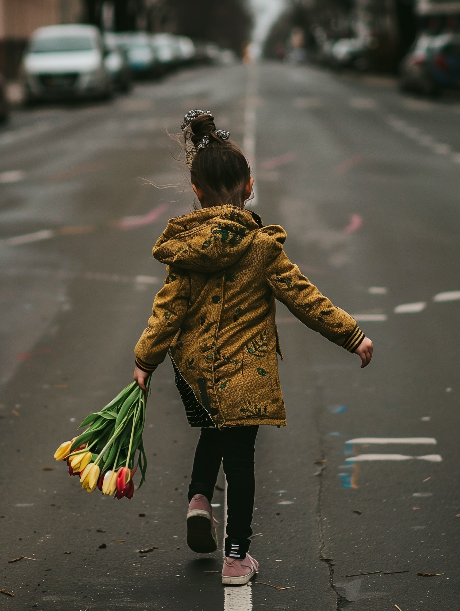 Girl in mustard coat walking on the road with tulips in her hands