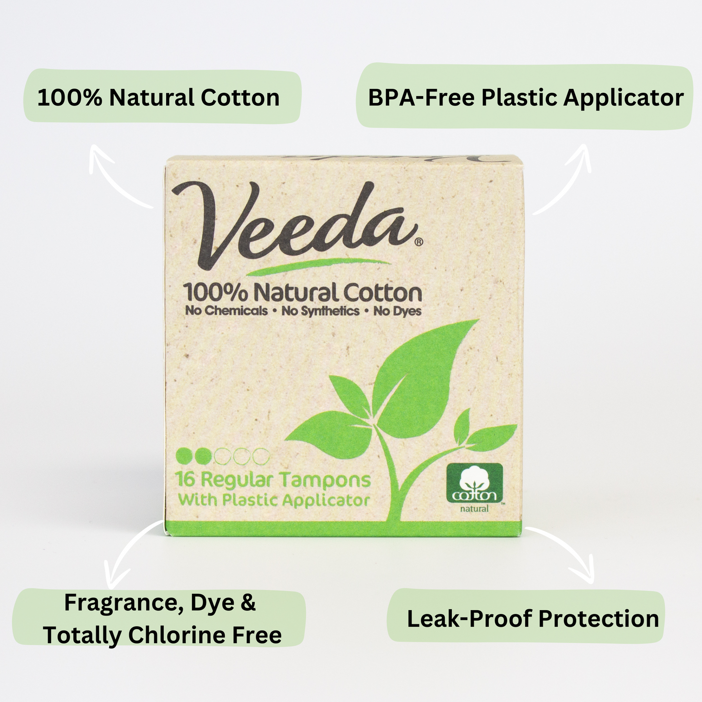 Veeda 100% Natural Cotton BPA-Free Compact Applicator Tampons Regular