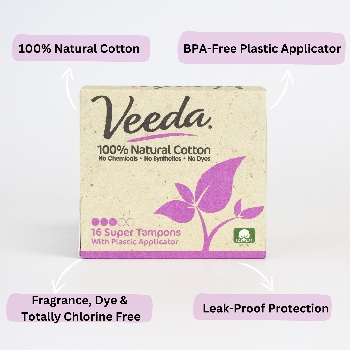 Veeda 100% Natural Cotton BPA-Free Compact Applicator Tampons Super