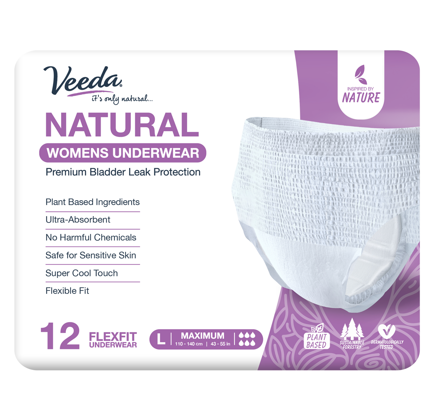 Veeda Natural Adult Incontinence & Postpartum Underwear for Women Large