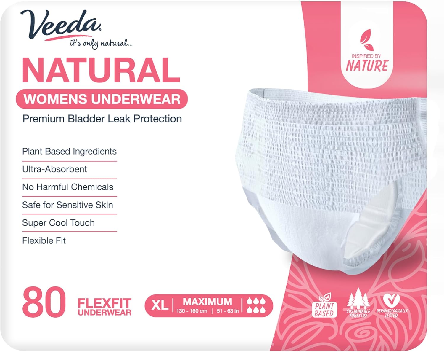 Veeda Natural Adult Incontinence & Postpartum Underwear for Women Extra Large
