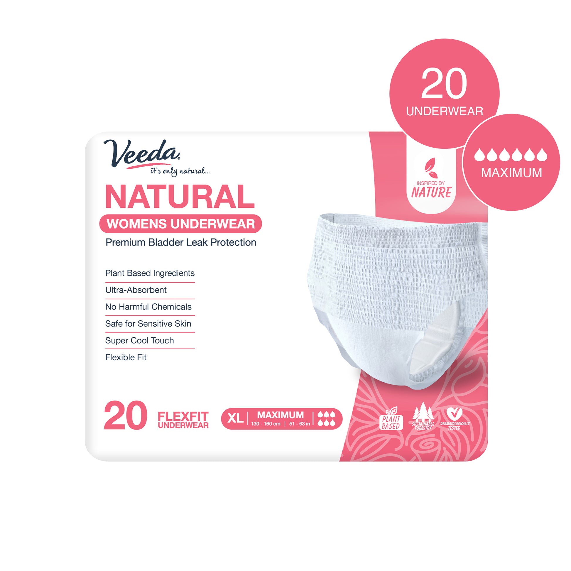 Veeda Natural Adult Incontinence & Postpartum Underwear for Women Extra Large