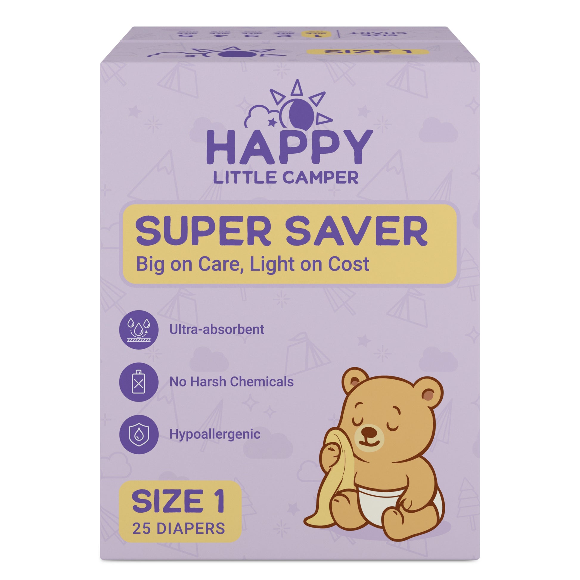 PRE-ORDER Happy Little Camper Super Saver Baby Diapers, Size 1, Newborn, < 11 lbs