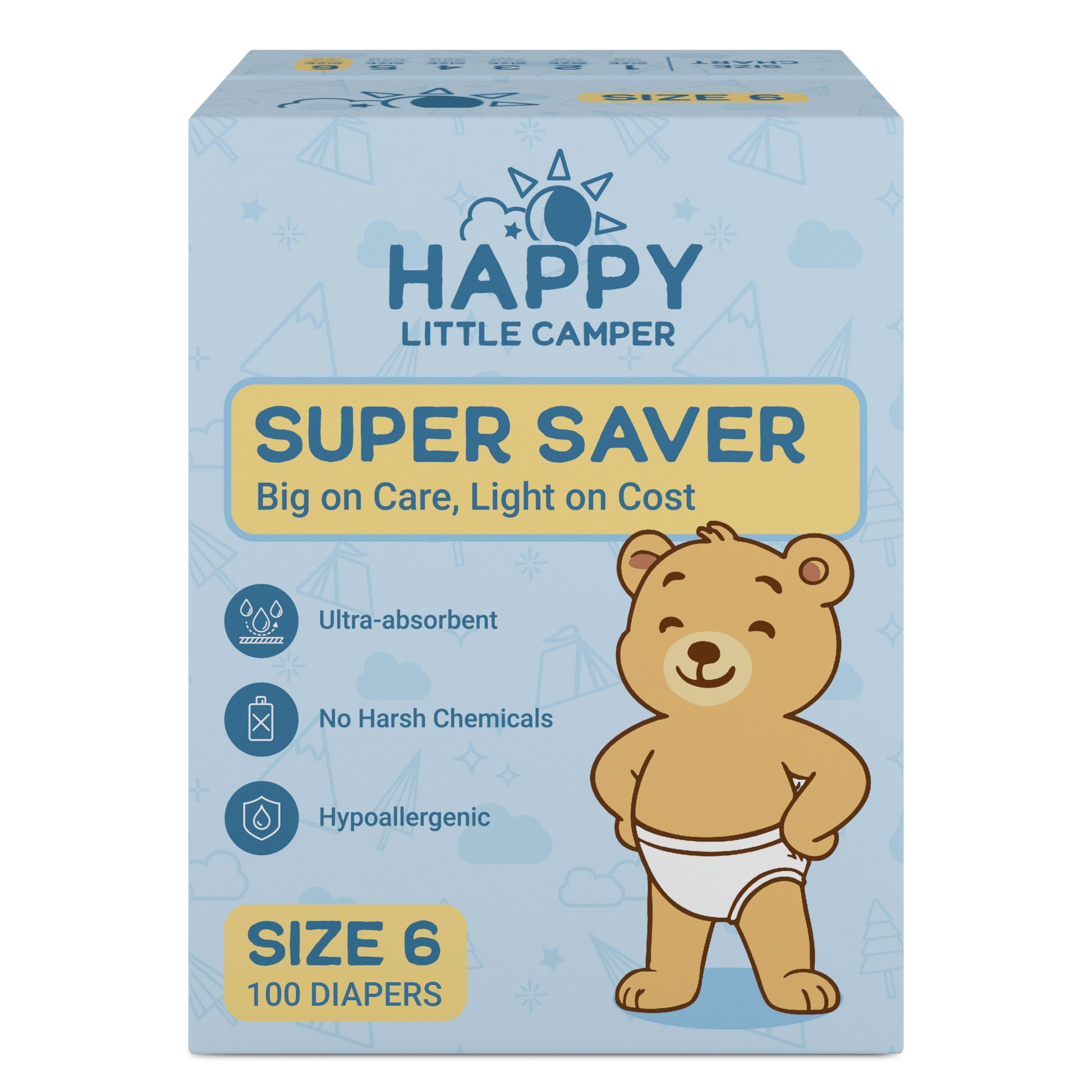 COMING SOON Happy Little Camper Super Saver Baby Diapers, Size 6, Junior 35+ lbs