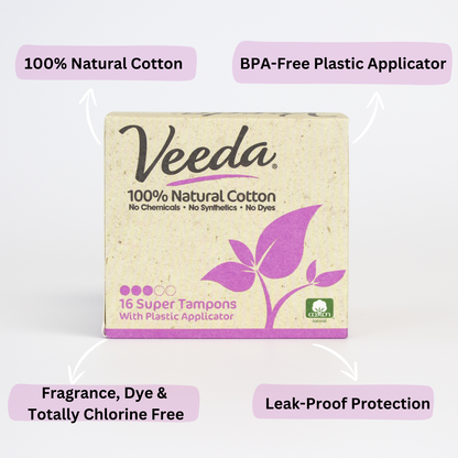 Veeda 100% Natural Cotton BPA-Free Compact Applicator Tampons Super