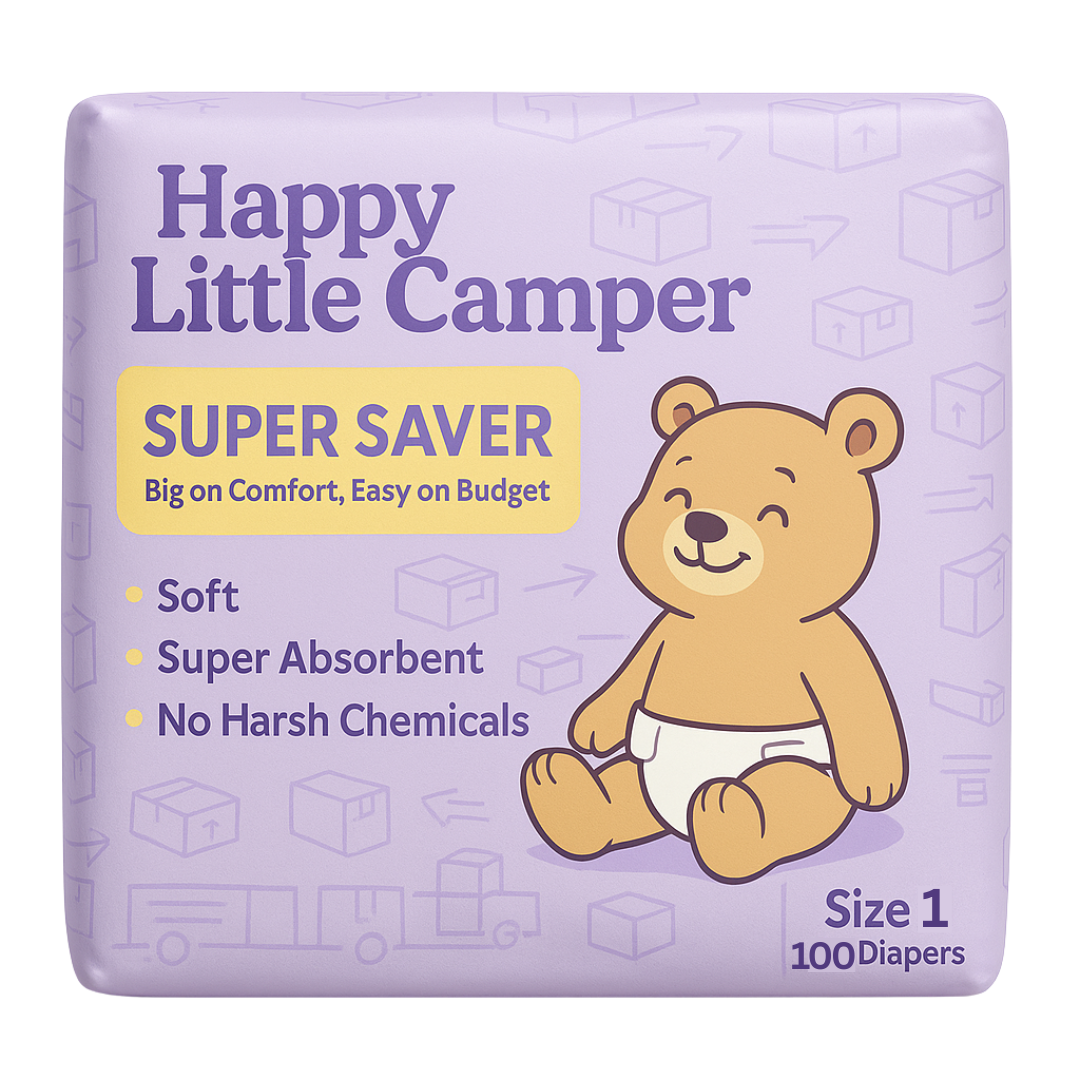 PRE-ORDER Happy Little Camper Super Saver Baby Diapers, Size 1, Newborn, < 11 lbs