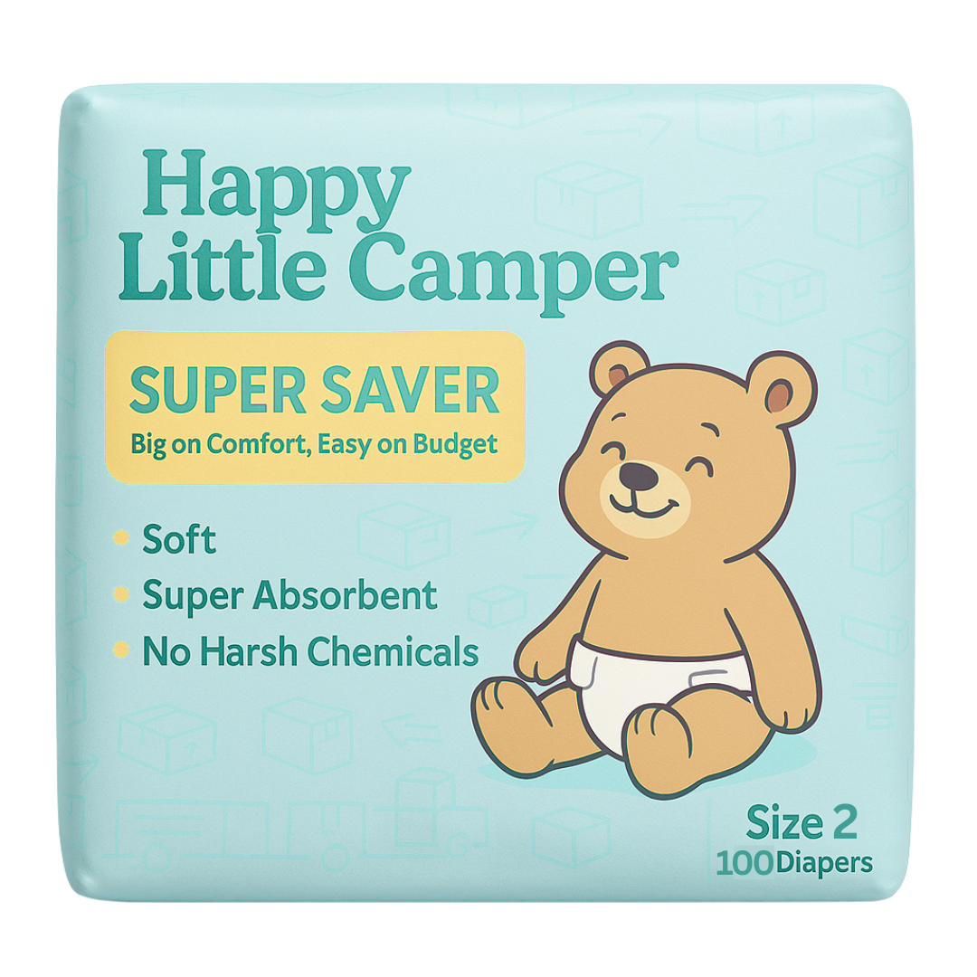 PRE-ORDER Happy Little Camper Super Saver Baby Diapers, Size 2, Infant, 8-15 lbs