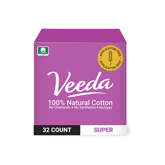 Veeda 100% Natural Cotton Applicator Free Tampons Super