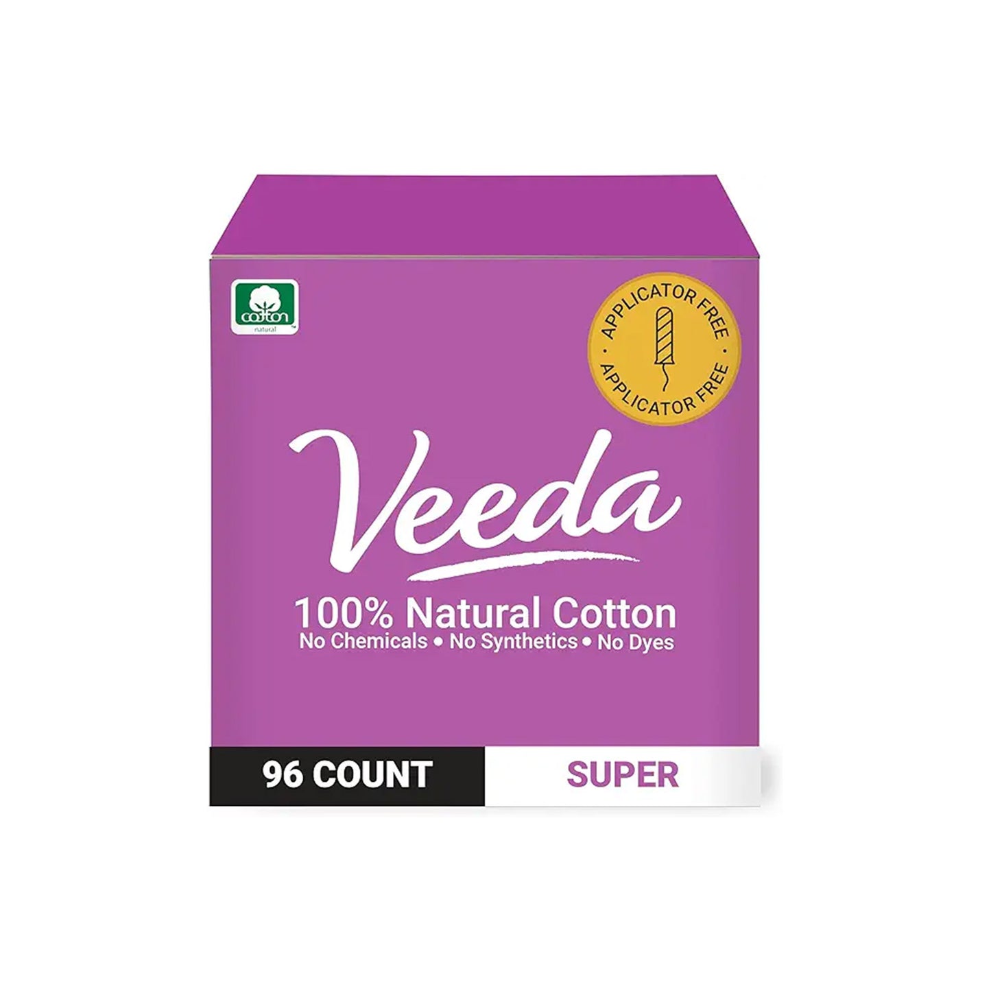 Veeda 100% Natural Cotton Applicator Free Tampons Super